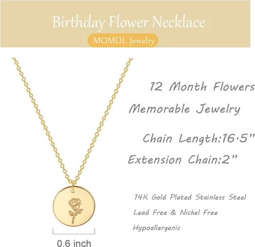 Vista 7 de Collar de flor de oro para mujer, chapado en oro de 14 quilates, collar con dije de moneda floral de nacimiento grabada