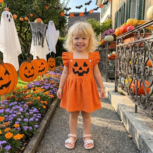 Vista 2 de Vestido de bebé niña con mangas con mosca cruzada sin espalda Pumpkin Face