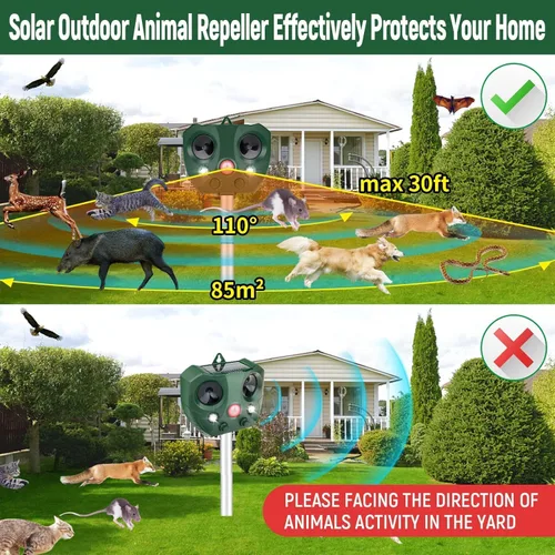 Vista 2 de Repelente de animales para exteriores, repelente de ardillas 2026, repelente ultrasónico para gatos con detección de movimiento y luz LED