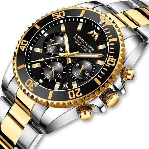 Vista 2 de MEGALITH Relojes para hombre, acero inoxidable, impermeable, analógico, de cuarzo, cronógrafo, de negocios, para hombres, fecha automática