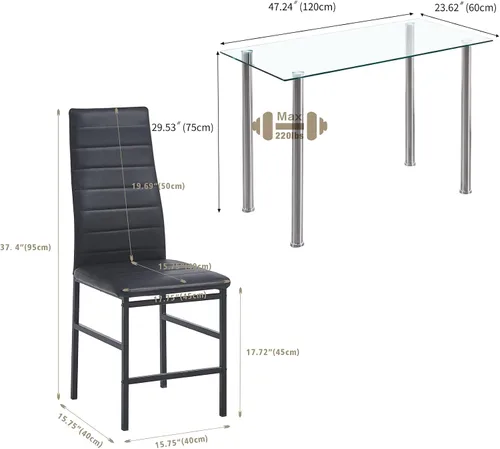 Vista 3 de Juego de mesa y silla de comedor de 7 piezas, juego de mesa de comedor para 6 mesas de cocina con 6 sillas, mesa rectangular de vidrio con 6 sillas