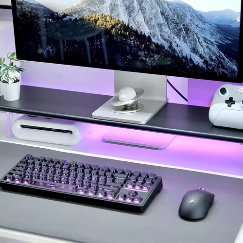 Vista 9 de Soporte elevador de bambú para monitor con luces RGB, estante de escritorio de 31.5 pulgadas con patas acrílicas para escritorio, monitor