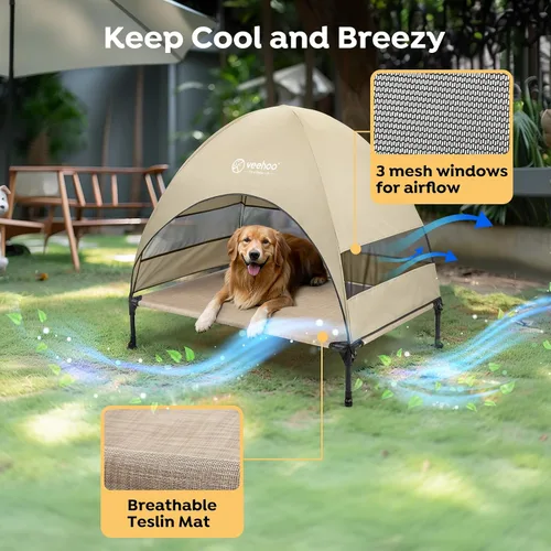 Vista 3 de Veehoo Cama para perros al aire libre con toldo, cama elevada de enfriamiento para perros con sombra extraíble, pies antideslizantes, cama elevada