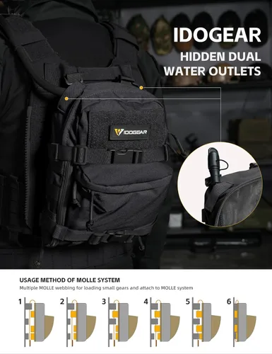 Vista 4 de IDOGEAR Tactical Hydration Pack MOLLE Water Bladder Bag, Mini Backpack YKK Zipper Hiking Camping Outdoor Training Carrier