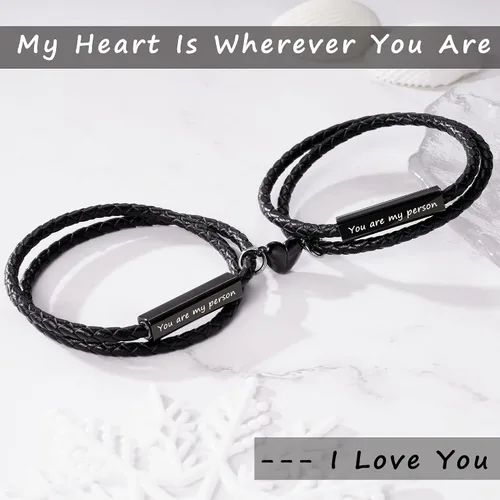 Vista 3 de Pulseras de pareja para mujeres, regalos para hombres, regalos de aniversario de nacimiento para novio, novia, joyería de Navidad de cuero grabada a