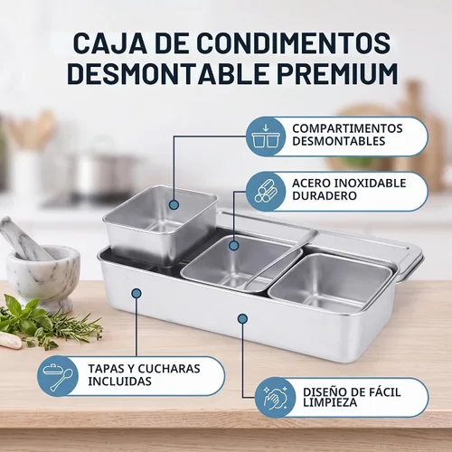 Vista 2 de Servidor de condimentos, tarro de condimentos de acero inoxidable de grado alimenticio de 21 onzas con cuchara y tapa, 3 compartimentos extraíbles