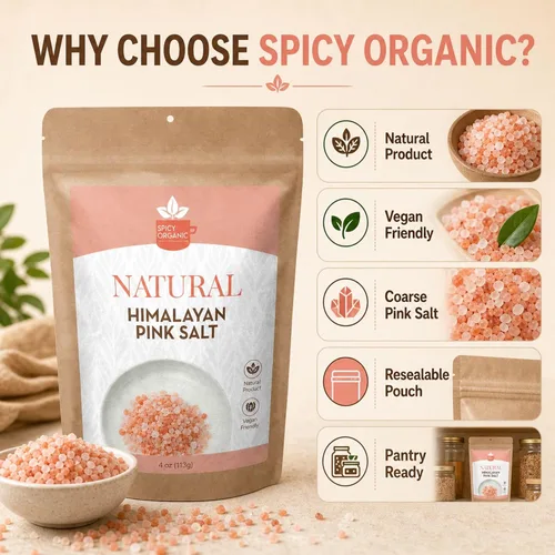 Vista 4 de SPICY ORGANIC Sal natural del Himalaya sin OMG, sal rosa del Himalaya sin gluten, rica en 80 minerales y elementos, 4 onzas.