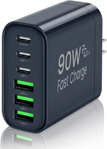 Vista 17 de Bloque de cargador USB C GaN de 90 W, cargador de pared USB C de 6 puertos de carga rápida, adaptador de corriente PD de 45 W para iPhone 17Pro Beige