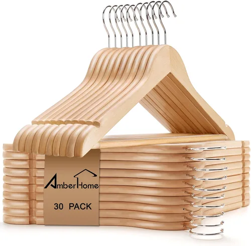 Vista 14 de Amber Home Perchas de madera maciza para trajes, paquete de 30 perchas de madera con acabado negro liso con barra antideslizante para pantalones