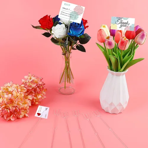 Vista 4 de CCINEE 100 portatarjetas de plástico con forma de tenedor transparente con forma de flores, clips de cabeza recta para ramo de boda, suministros
