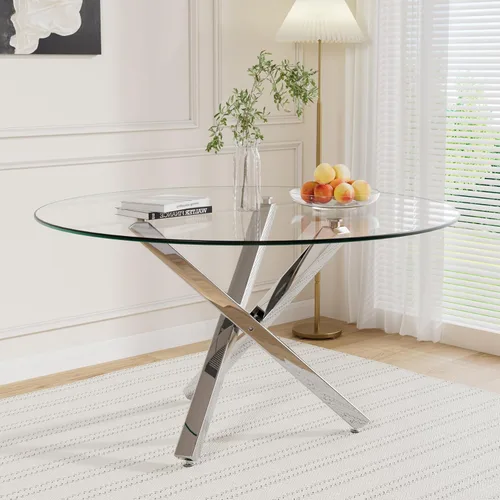Vista 13 de Mesa de comedor redonda de vidrio para 2-3, parte superior de vidrio templado moderna, patas cromadas resistentes, almohadillas ajustables
