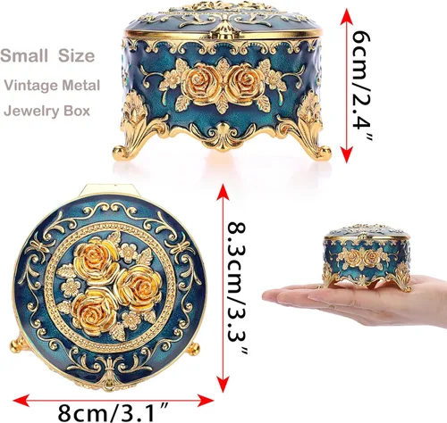 Vista 5 de Hipiwe Joyero de metal antiguo para anillos, aretes, caja de tesoros, caja pequeña de baratija, caja redonda de exhibición de joyas, organizador
