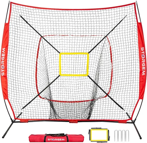 Vista 6 de Storgem Baseball and Softball Practice Net 7×7ft Portable Hitting Pitching Batting Training Net Baseball Backstop Net and Strike Zone and Bow Frame