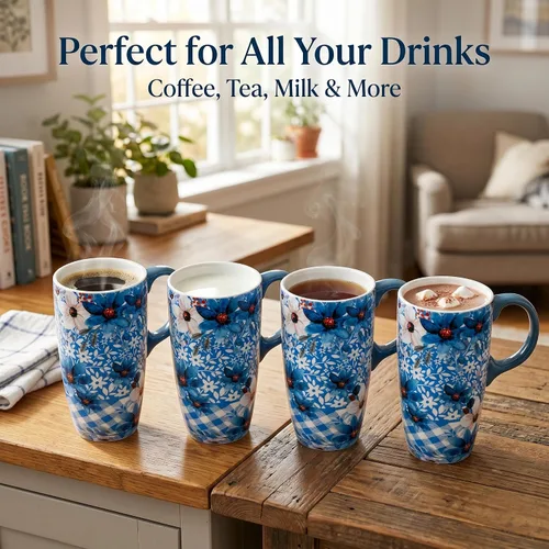 Vista 6 de Topadorn Taza de Cerámica para Café de Porcelana Latte Taza de Té con Tapa en Caja de Regalo 17oz, Flores Azules