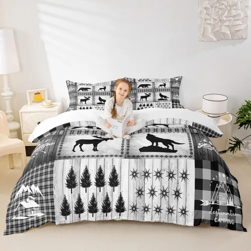 Vista 18 de Juego de funda de edredón para niños de ciervo, oso, lobo, tamaño individual, juego de ropa de cama de cabaña de aventura para niños, niñas