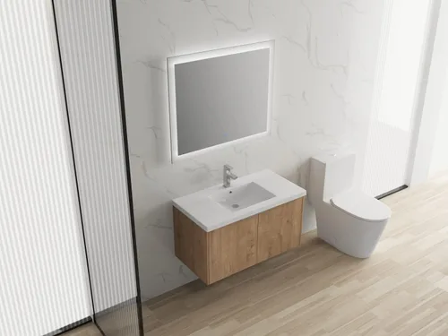 Vista 3 de Tocador de baño montado en la pared de 36 pulgadas con fregadero de resina, tocador flotante con puertas de cierre suave, gabinete de baño