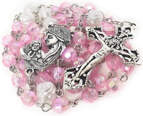 Vista 3 de Juego de rosario y rosario de corte de cristal rosa madre María, rosario católico, rosarios católicos para mujer, regalos católicos para mujer