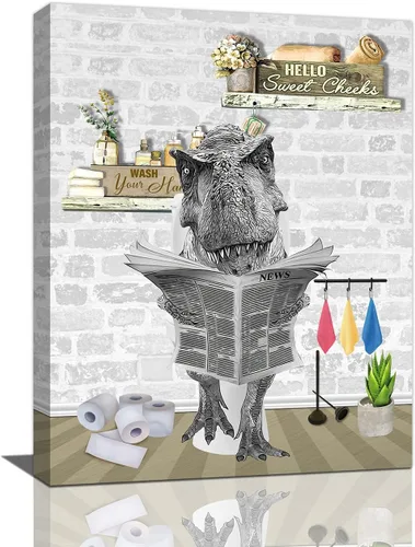 Vista 11 de Fuzawet Arte de pared de oso para decoración de baño, lienzo de lectura de periódico, negro en el inodoro, imágenes divertidas de animales