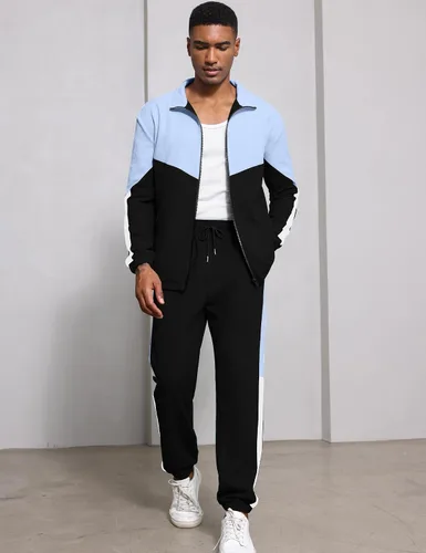 Vista 2 de Babioboa Chaqueta y pantalones de punto gofre para hombre, manga larga, con cremallera, contraste, entrenamiento, Varsity para correr, entrenamiento