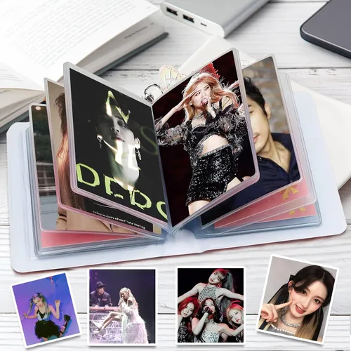 Vista 3 de CCINEE Juego de 2 portatarjetas Kpop para tarjetas fotográficas, mini álbum de fotos Kpop con colgante de cristal y lindas calcomanías, corazón