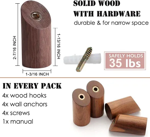 Vista 6 de Felidio Ganchos de pared de madera, paquete de 4 ganchos para colgar abrigos de pared, de madera rústica, resistente, perchero para sombreros