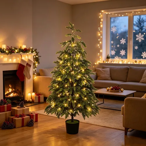 Vista 4 de Cllayees 4FT Cedar Christmas Tree with Lights Artificial Potted Tree Timer, 80 LEDs, Lighted Fake Trees, Front Porch Outdoor Indoor Decor, Christmas