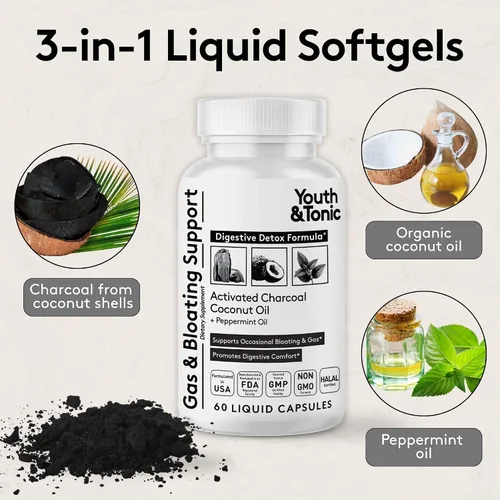 Vista 3 de Youth & Tonic Píldoras de carbón activado líquido 3 en 1 + 1200 mg de aceite de coco orgánico y aceite de menta, desintoxicación digestiva