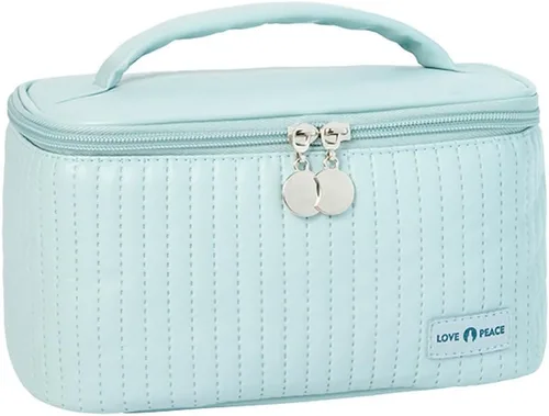 Vista 7 de Bolsa de maquillaje de viaje, estuche de cosméticos con soporte para brochas de maquillaje, organizador portátil de piel sintética para mujer, Café
