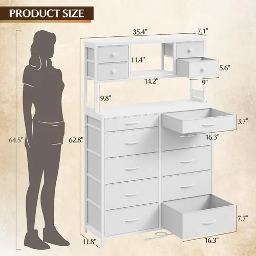 Vista 9 de EnHomee - Cómoda de 160 cm de alto para dormitorio con 14 cajones de tela, cómoda blanca con estación de carga y luces LED, cómodas y arcones
