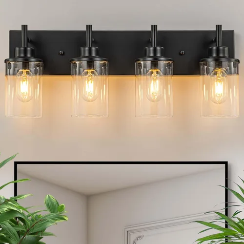 Vista 8 de GoYeel Lámparas de baño sobre espejo, luz negra mate, 4 luces, aplique de pared, lámpara de baño de casa de campo con pantalla de vidrio