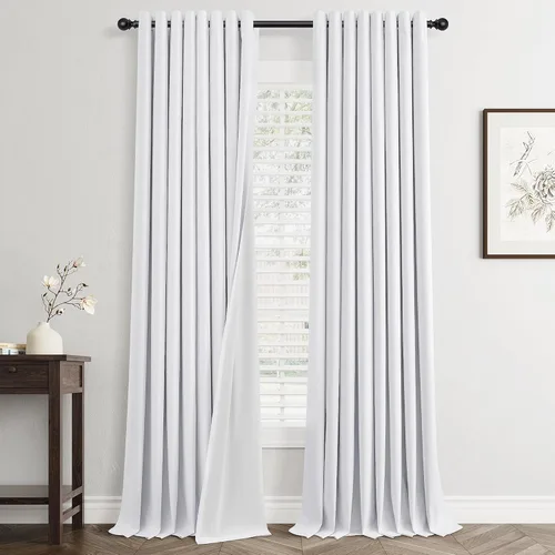 Vista 23 de Beige White Linen Blackout Curtains 90 Length 2 Panels Set for Living Room Bedroom, 100% Black Out Thermal Insulated Linen Drapes, Room Darkening