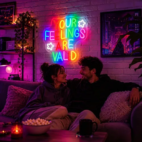 Vista 4 de Letrero de neón para decoración de pared, regulable con texto en inglés "Your Feelings Are Valid", luces de neón LED, letreros iluminados
