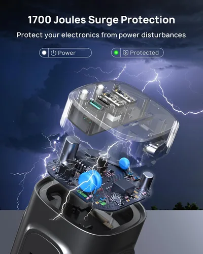 Vista 5 de TROND Torre de Regleta de Alimentación Retráctil – Regleta protectora de sobretensiones de enchufe plano con USB C PD de 20 W, cable de extensión
