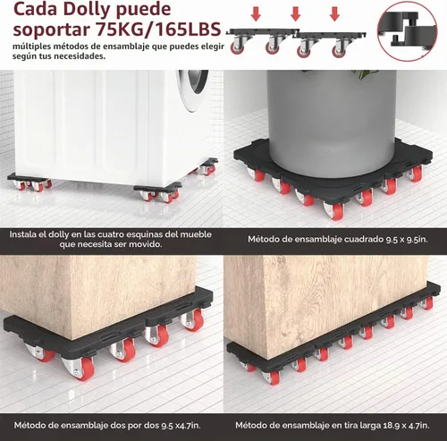 Vista 5 de ONEON Paquete de 4 unidades de plataformas para muebles con ruedas giratorias de 360° interconectables