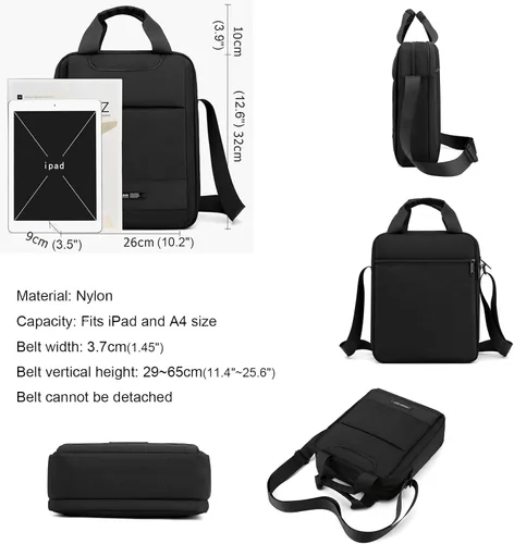 Vista 5 de zhongningyifeng Bolso bandolera de nailon para hombre, A4, impermeable, casual, negro, para trabajo, viajes, al aire libre, Negro