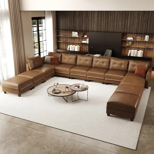 Vista 18 de LLappuil Sofá modular de piel sintética de 9 plazas con almacenamiento, sofá cama convertible en forma de U con diván, impermeable y agradable al