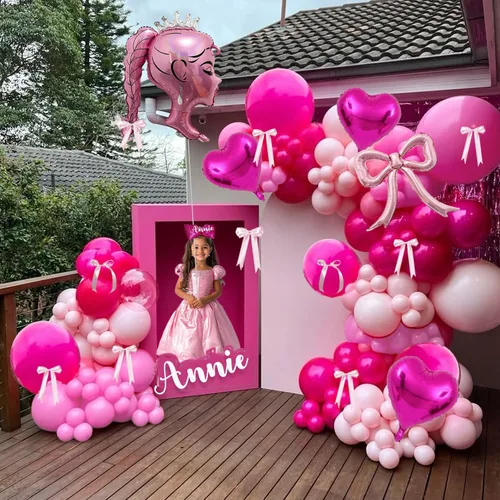 Vista 8 de Juego de globos de aluminio rosa princesa, 5 globos de lazo rosa, lámina de muñeca de corona y globos de corazón para maquillaje, cumpleaños