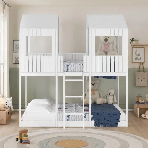 Vista 11 de Harper & Bright Designs Literas de madera de tamaño matrimonial sobre matrimonial, literas de madera con techo y barandilla de protección para Gris