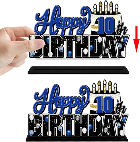 Vista 3 de LINGTEER Feliz 10º Cumpleaños Juego de Centros de Mesa de Acrílico Azul para Mesa - Brindemos por Diez Años Decoraciones de Regalo de Fiesta de 10º