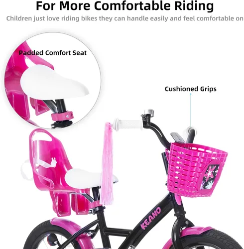 Vista 4 de KEANO Zinnia 14 16 20 Inch Kids Bike for Girls Ages 3-10 Years, Girls' Bikes with Training Wheels, Streamers, Basket and Doll Seat, Children Bicycles