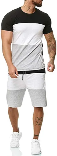 Vista 2 de OICIB Conjunto de 2 piezas de verano para hombre, estilo casual, manga corta, camiseta muscular y pantalones cortos deportivos de ajuste clásico