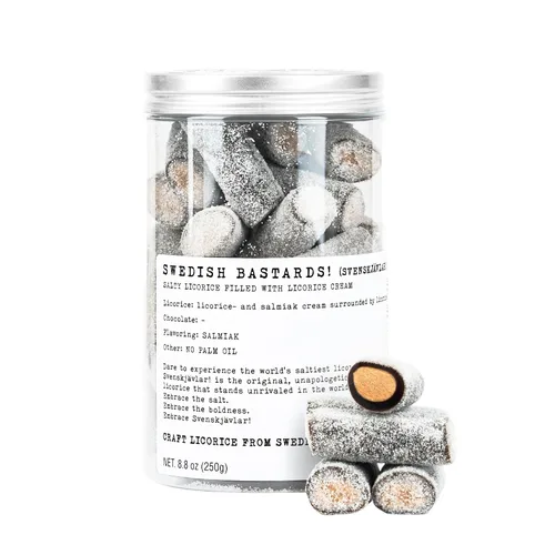 Vista 8 de Haupt Lakrits Chokade Svenskävlar! – El regaliz negro más salado del mundo con sal de salmiak recubierto en chocolate gourmet de Bélgica – Caramelo
