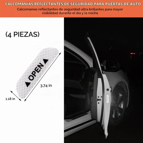 Vista 2 de Ziciner 4 piezas de pegatinas reflectantes para puertas de coche, advertencia de seguridad de visibilidad nocturna, tiras protectoras anticolisión