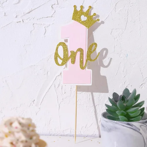 Vista 2 de Una decoración para tartas para bebés, rosa y dorado para el primer cumpleaños, accesorios para el primer cumpleaños