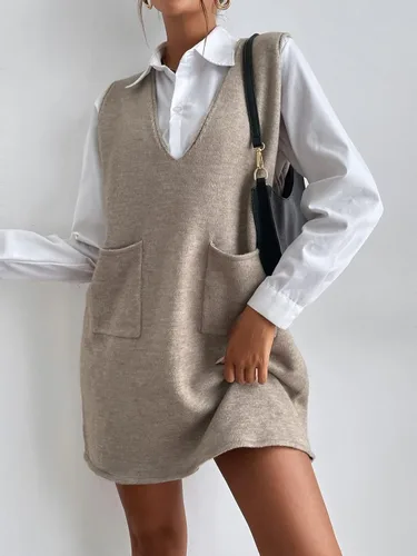 Vista 5 de OYOANGLE Vestido corto de punto sin mangas con cuello en V para mujer con bolsillos