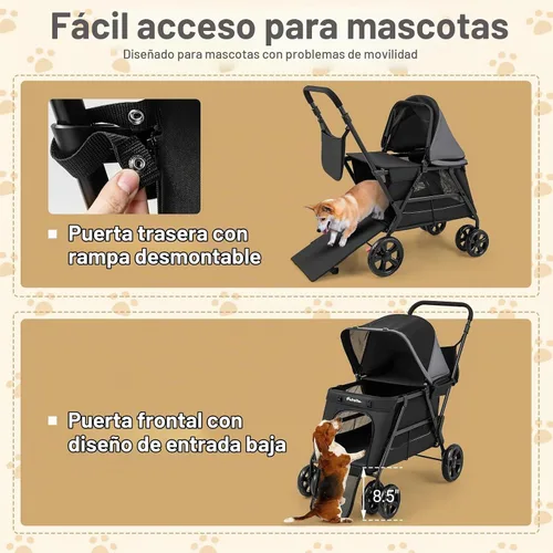 Vista 5 de PETSITE Cochecito para perros de 4 ruedas, cochecito plegable para gatos con entradas dobles, rampa, ventanas de malla, toldo ajustable