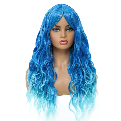 Vista 14 de SWACC Peluca larga y rizada ondulada con flequillo peluca de pelo sintético para mujeres con gorra de peluca (negro)