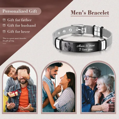 Vista 3 de Giftider Pulsera de fotos personalizada para hombres y mujeres, pulsera de fotos personalizada para él, ella, acero inoxidable, pulsera