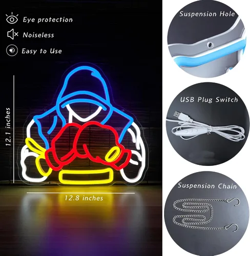 Vista 3 de Letrero de neón de boxeador, regalos de boxeo para hombres, luz LED de neón regulable para salas de deportes, decoración de gimnasio y cueva