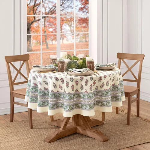 Vista 2 de Elrene Home Fashions Mantel redondo con estampado de bloques de cosecha de nómada para otoño/Acción de Gracias, 70 x 70 pulgadas